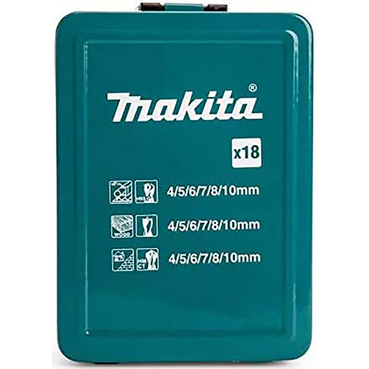 Makita 18-Piece Mixed Drill Bits – 4–10mm for Wood, Concrete & Metal | Metal Case Included