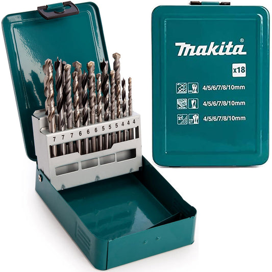 Makita 18-Piece Mixed Drill Bits – 4–10mm for Wood, Concrete & Metal | Metal Case Included